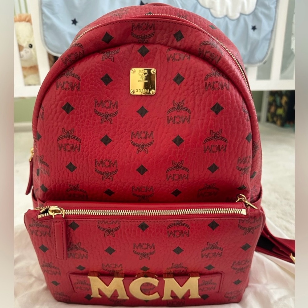 MCM Red Gold Monogram Backpack